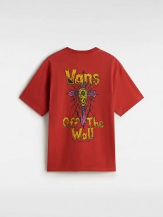 לצפייה במוצר חולצת טישירט Vans Off The Wall אדומה עם הדפס גולגולת, צלב וקורי עכביש (גזרת Oversized)
