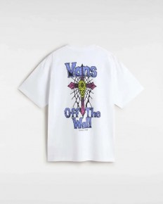 לצפייה במוצר חולצת טישירט Vans Off The Wall לבנה עם הדפס גב של גולגולת, צלב וקורי עכביש (אסתטיקת פאנק רטרו)
